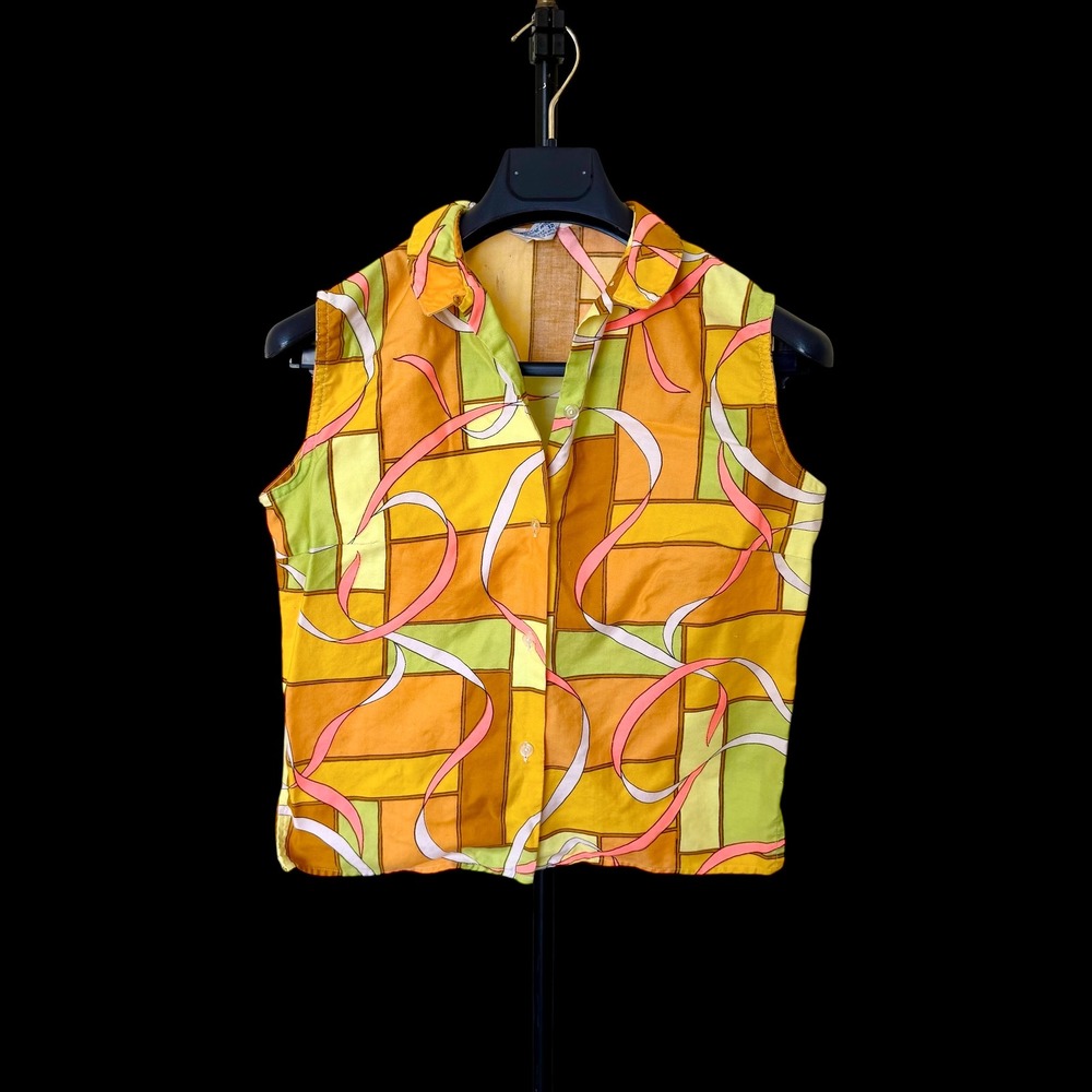Vintage 60s Psychedelic‎ Print Sleeveless Cotton Button Down Top 12